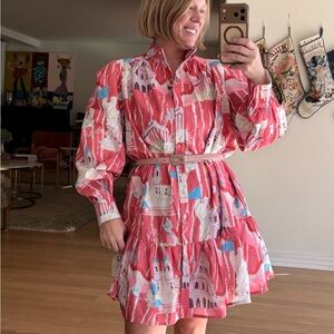 Beulah Size Large Button Pink Italy Rome Printed Midi Dress Landscape Puff Slv